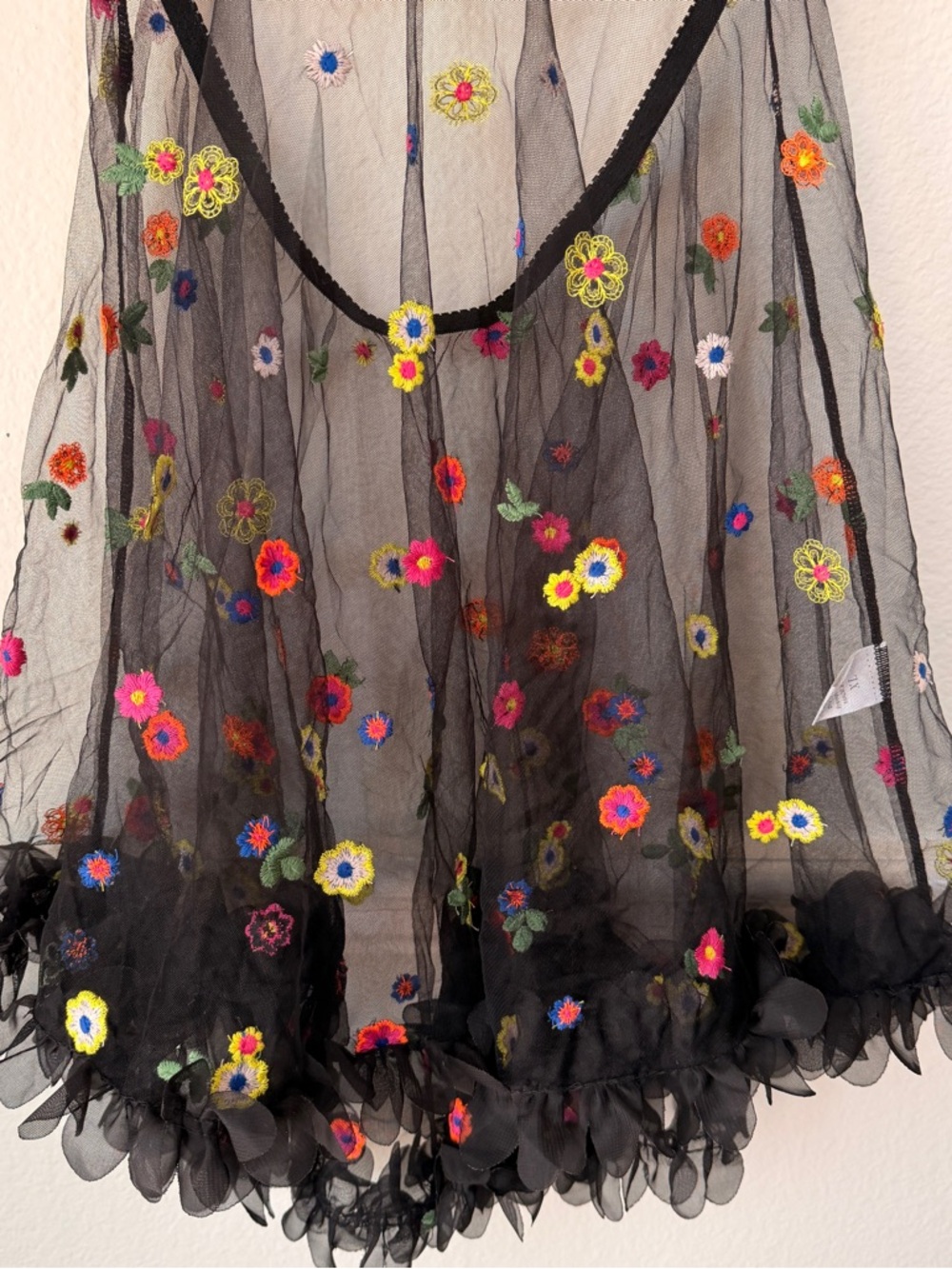 Sheer Black Floral Embroidered Babydoll Dress Lingerie Mesh Fairy Coquette XL - Picture 4 of 12